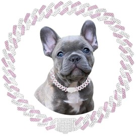 Pink Dog Chain Collars Bling Diamond Cuban Link Puppy Collar With Secure Buckle Walking Metal Chain Necklace Crystal Jewelry Cat Collars for Small Medium Large Pet Dogs Girls Female, 8 Inch
