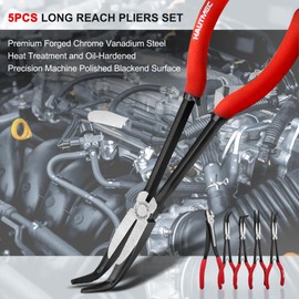 HAUTMEC 5Pcs 11Inch Heavy Duty Long Reach Pliers Set, Spring Loaded, Including Diagonal Cutting Pliers, Hose Gripping Pliers, Straight and 45/90 Degree Bent Long Nose Pliers HT0316
