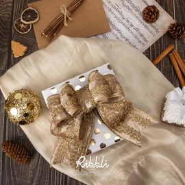 Ribbli Champagne Luxe Velvet Wired Ribbon with Embroidery Design 2.5 Inch Christmas Ribbon for Gift Wrapping Christmas Tree Decoration Crafts Wreaths Supplies-Continuous 5 Yards