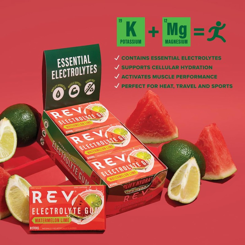 Rev Electrolyte Gum, Watermelon Lime, Sugar-Free with Essential Electrolytes,12 Count