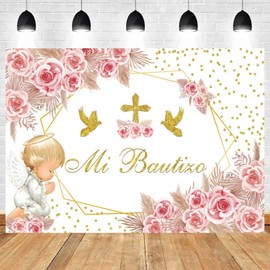 ASDCXZ 7x5ft Mi Bautizo Backdrop Boho Baptism First Holy Communion Photography Background Girl Angel Pink Floral Gold Cross Christening Decorations Newborn Baby Shower Portrait Photo Booth Prop