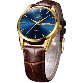 OLEVS Mens Watches, Luminous Casual Leather Watches for Men Easy to Read Quartz Number Fashion Watch with Date Waterproof Blue/Black/Analog Men's Wrist Watches (6898-men-Brown Belt Blue dial)