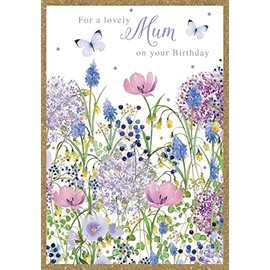 Nigel Quiney Lovely Mum' Birthday Card - Watercolour Purple Flowers & Butterflies with Foil Details - Eco-Friendly & Recyclable