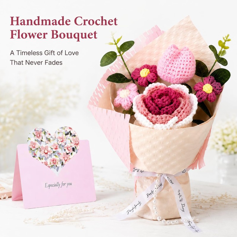 Pink Crochet Flower Bouquet with Card