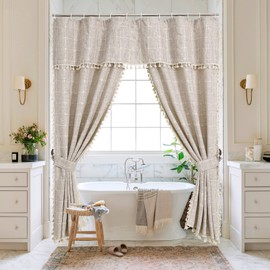 MitoVilla Tan Boho Double Swag Shower Curtain, Polyester Linen Fabric Shower Curtains for Farmhouse Bathroom Decor, Brown Cloth Shower Curtain Set with Hooks, 72 x 72