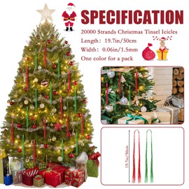 20000 hebras de Navidad iridiscentes de oropel carámbanos rojo y verde de 19.7 pulgadas, adornos de flecos de aluminio para árbol de Navidad, decoraciones de Navidad, fiesta de cumpleaños, boda