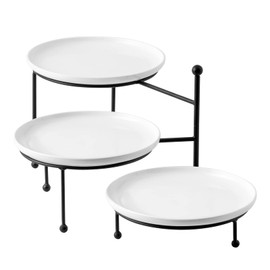 Kanwone 3 Tiered Serving Stand with White Porcelain Plates, 10" Round Tray, dessert table display set, Black Metal Stand, Versatile & Durable