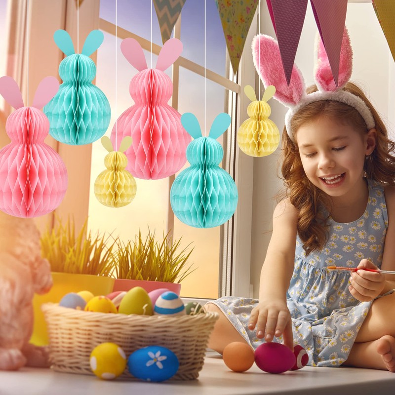 MAMUNU 6 PCS Easter Hanging Decorations, Rabbit Honeycomb Ball Pendant