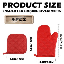 4Pcs Oven Mitts with Pot Holders Heat Resistant Kitchen Mitts Cotton Microwave Gloves for Baking Cooking BBQ, Adult, Red