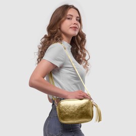 Italian Genuine Metallic Suede Crossbody Bag for Women with Zipper | Small Leather Camera Purse Shoulder Handbag Pocketbook (Metallic Gold)