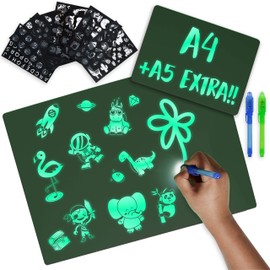 Bonnyco Magic Pad A3 and A5, 6 Stencils, 2 UV Pens, Boys and Girls Gifts, 3, 4, 5, 6, 7, 8, 9, 10 Years, Painting Board, Magic Board, Children's Toy, Birthday and Christmas, Luminous