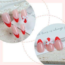 24 Pcs French Tip Press on Nails Medium Almond Bow Fake Nails with Pearl Designs Red French Fake Nail Tips Glossy Glue on Nails Full Cover Artificial Nails for Women Girl Nail Decoration