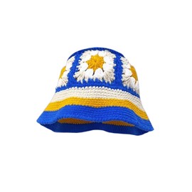 Women Flower Crochet Bucket Hat Cutout Fisherman Handmade Knit Hats Summer Wide Brim Sun Beach Cap (B-Blue, One Size)