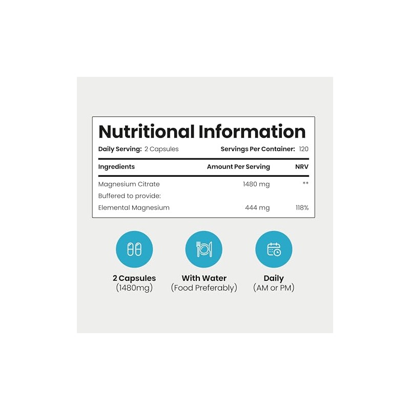 Magnesium Citrate Capsules 1480mg | 444mg Elemental | 4 Months