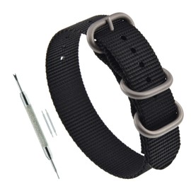 MZBUTIQ 18mm Black Men's Ballistic Nylon Watch Strap Replacement Band One-piece 3 Rings Matte Silver Buckle