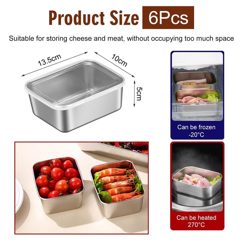 6-Piece Food Storage Box, Stainless Steel Food Container with Lid,