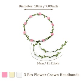SYEYCW 3 Pcs Flower Crown Headbands, Rose Floral Garland, Floral Hair Wreath Headband, Boho Flower Headpiece for Women Girl, Wedding Party Festival Hair Accessories, White, Pink, Champagne