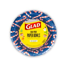Glad Everyday Disposable Paper Bowls with Holiday Candy Cane Design | Heavy Duty Paper Plates, Soak Proof Paper Bowls for Everyday Use |12 Ounce, 20 Count