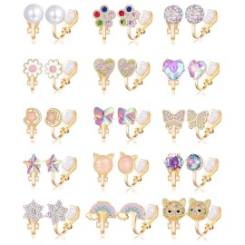 15 Pairs Clip on Stud Earrings Non Pierced Teardrop Round Square Flower Butterfly Heart Star Rainbow Cat Opal Clip on EarringsColor: Gold