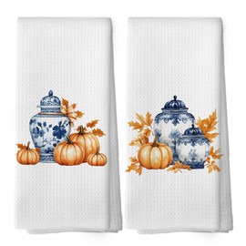 shiviody Chinoiserie Pimpkin Kitchen Towels - Blue and White Autumn Ginger Jar Dish Towels, Fall Harvest Decorative Absorbent Dishcloths Hand Towels Set of 2 for Home Kitchen Decor 16x24 Inches