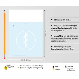 Frank Paperman® 2 x Blank Private Recipe Pad | 200 Sheets | 2 Pads of 100 Sheets | Private Recipes Blue for Doctors in DIN A6 Format | Doctor Accessories