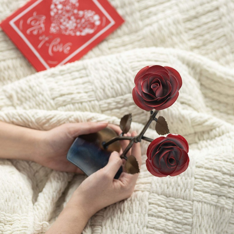 Hand-Forged Wrought Iron Double Red Metal Rose with Twist -