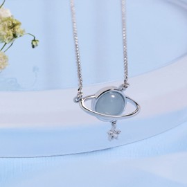 Planet Necklace for Women Planet Star Pendant Choker Necklace Cat's Eye Stone Saturn Charm Necklace Dainty Jewelry Gift (Silver)