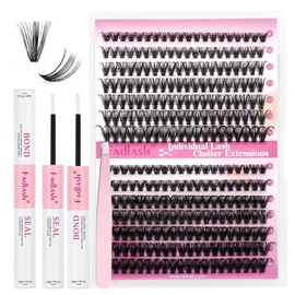 FADLASH Lash Extension Kit 30D+40D Lash Clusters 8-16mm Eyelash Clusters Individual Lashes with Bond and Seal and Lash Tweezers DIY at Home (Kit, 30D+40D-07C-8-16mm)