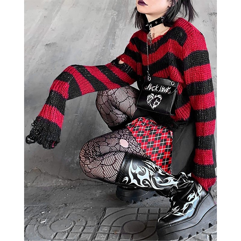 URAWESO Red and Black Goth Distressed Stripe Knit Sweater Dress