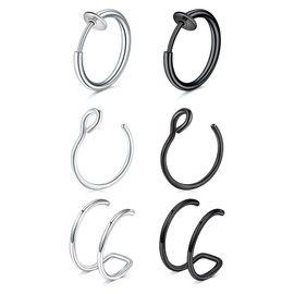 MODRSA Fake Nose Ring Hoop Faux Nose Rings Hoop Fake Lip Ring Clip on Nose Ring Clip on Earring Hoop Fake Nose Piercing Fake Hoop Earrings Silver Black Lip Cuff Non Piercing