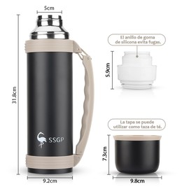 Termos Para Agua 1.5 Litros,Termos Para Cafe Con Aislamiento Al Aspiradora,Termo Acero Inoxidable,100% A Prueba De Fugas,Mantiene La Temperatura Hasta 24 Hs,Con Asa Para Transportar (negro)