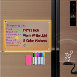 Masshomi A4 Size 7.8 * 11 inch Blank Glow Acrylic Whiteboard Magnetic Dry Erase Board for Fridge Warm White LED Night Light Dimming 8 Marker Illusion Kitchen Decor Calendar Menu Memo to do Listing