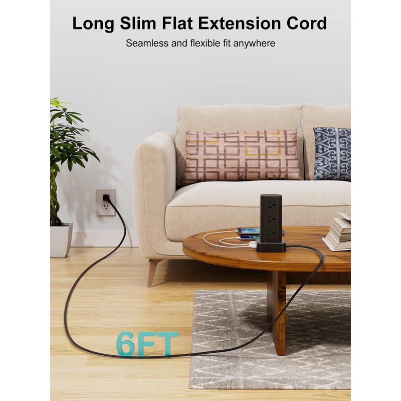 Power Strip Tower Surge Protector, 6FT Flat Plug Extension Cord
