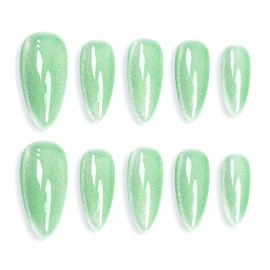 Sun&Beam Nails Handmade Press-on Medium Long Almond Mint Green Cat Eye Design Charming False Nail Tips 10 Pcs (#123 L)