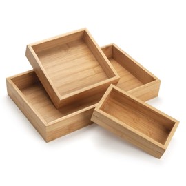 Bamboo Tray, Bathroom Vanity Tray, Wood Counter Tray, Natural Wooden Basket Tray Organizer for Bathroom/Kitchen Countertop, Set of 3