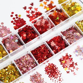 1 Box 12 Color Holographic Hexagonal Nail Glitter Fall Leaf Nail Sequins 3D Butterfly Nail Flakes Laser Aurora Ombre Glitter Flakes Shiny Nail Art Glitter Iridescent Nail Sequins Glitter for Nail Arts
