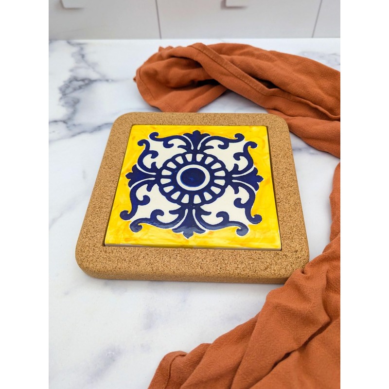 Portuguese Ceramic Tiles Trivet with Cork Base for Hot Pots