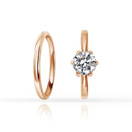 SILVERLINE JEWELRY Stainless Steel 2mm Wedding Band & Solitaire 7mm Round-Cut Cubic Zirconia Engagement Bridal Ring Set, Rose Gold Tone Size 8.5