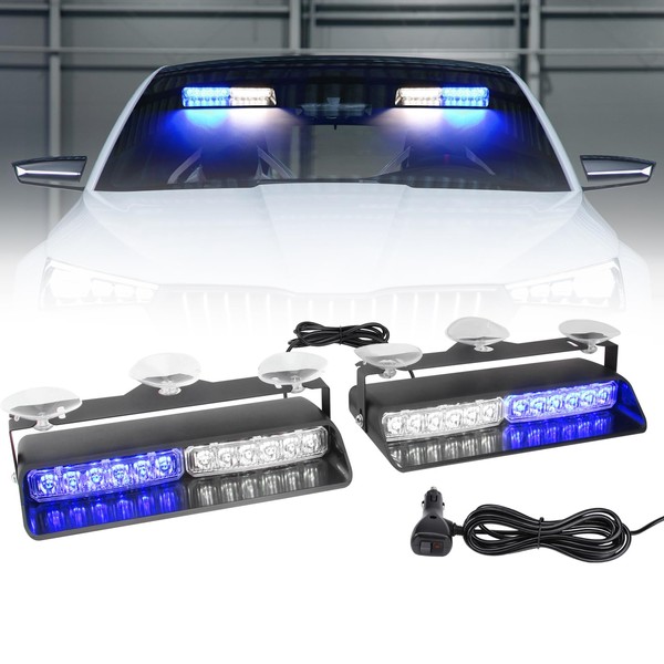 Afurkuot 2-in-1 Blue & White LED Windshield Dash Strobe Lights,