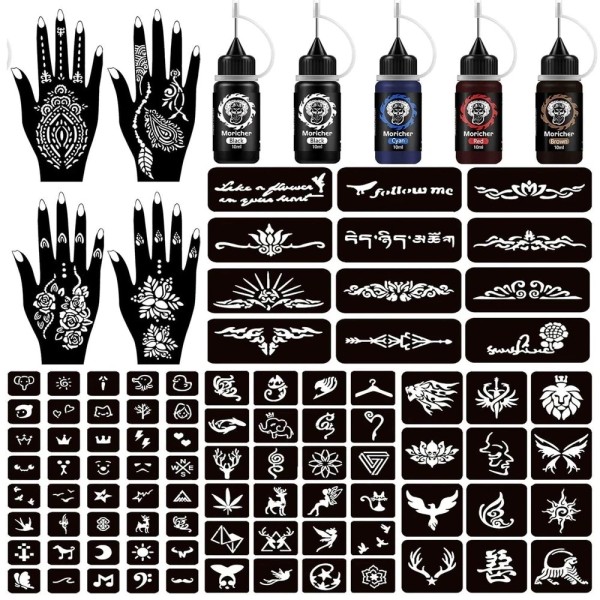 Branded Temporary Henna Tattoo Kit by Moricher – 5 Inks,