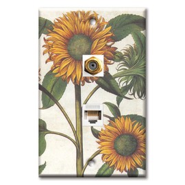 Art Plates - Decorative Printed 2 Port Data Wall Plate, RJ11 Telephone Jack Connector with RJ45 (Cat5, Cat6, Cat7) Ethernet Connector, Gold-Plated - Sunflowers