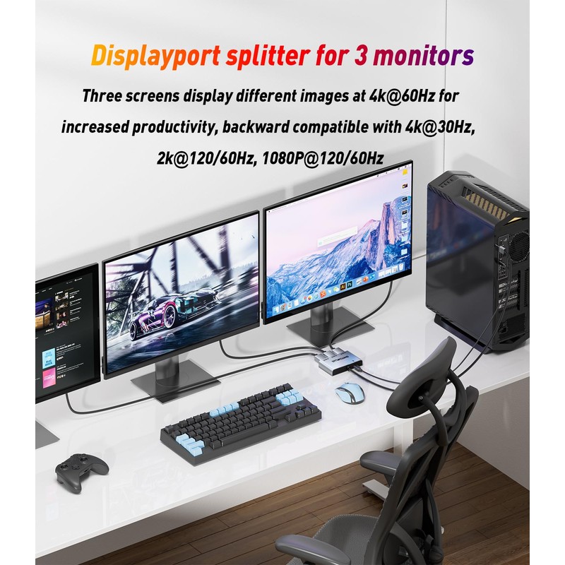 SWITCHFLUX DisplayPort to Dual DisplayPort with HDMI Adapter |4K@60Hz| Extended