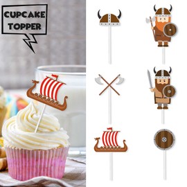 18pcs Brown Glitter Viking Dessert Cupcake Topper Ship Helmet Brave Barbarian Pirate Theme Decor Supplies Baby Shower Happy Birthday Party Decorations