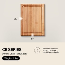 John Boos CB Series Rectangular Wooden Maple Cutting Board 20”x15” – 1.5” Thick, 12-lb Reversible Butcher Block with Juice Groove, Edge-Grain & Finger Grips – Made in the USA