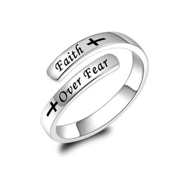 StyleJella Inspirational “Faith Over Fear” Adjustable Cross Symbol Ring – Stainless Steel Spiral Twist Healing Ring, Motivational Jewelry Gift for Women/Sorority Sisters