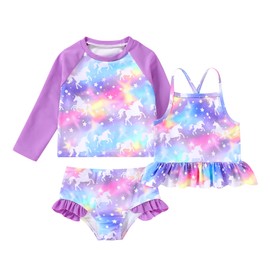 YOUNGER TREE Toddler Baby Girl Rashguard Sets Long Sleeve Swimsuit Vest Bikini Swim Suits 3-Pieces Bathing Suits(Neon Horse,18-24 Months)