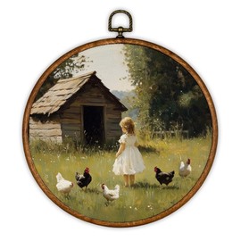 iEFEY Farmhouse Wall Decor, Rustic Farm Scene Little Girl With Chickens Hanging Framed Canvas Wall Art, Cottagecore Countryside Decorations for Country Home Girls Room Living Room Farm 10"x10"