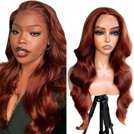 Evaxilc Glueless Real Hair Wig, 150% Density, Body Wave Lace Wig, Human Hair, 12A Grade, 5x5 HD Lace Front Wig, Human Hair, No Smell, Pre-Plucked, Brazilian Baby Hair, #33 Reddish Brown, 14 Inches