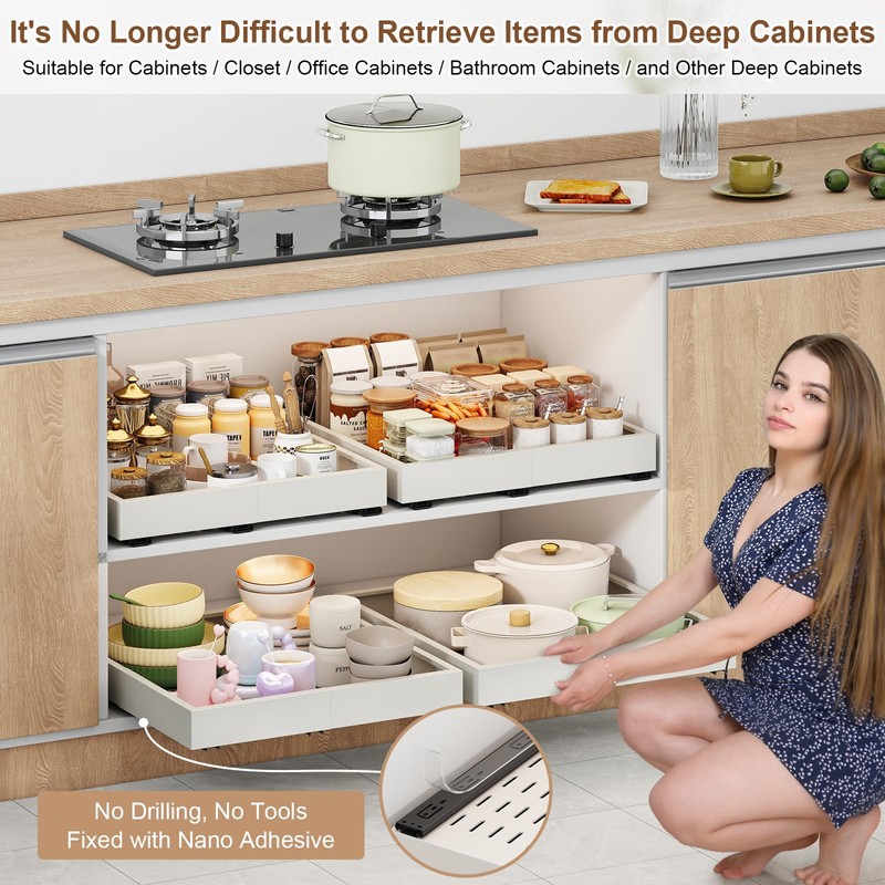2Pc Pull out Cabinet Organizer,Width (16"-21") and Depth(13"-17"),Expandable With 3
