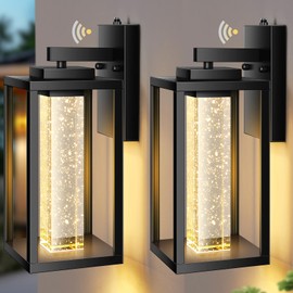 VIANIS Large Exterior Lighting Fixtures for House, Black Dusk to Dawn Sensor Outdoor Wall Sconce Lantern for Porch with 10W LED Crystal Bubble Glass Modern Anti-Rust Outside Garage Lights Wall Mount